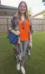 Orange Tops, Cobalt Bag, Floral Kimonos and Denim