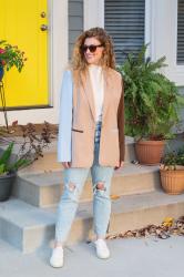 Color-block Blazer and Straight-leg Jeans.