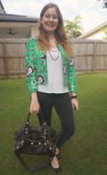 Green Floral Toppers Over White Tees and Jeans Outfits With Balenciaga Part Time Bag
