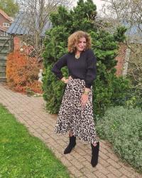 Leopard print skirt with sweater & Fancy Friday