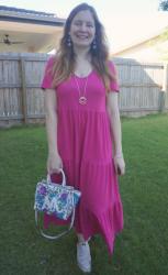 Block Colour Tiered Kmart Midi Dresses With Sneakers And Painted Bag | Weekday Wear Link Up