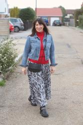  Grey Leo Skirt with a Red Roll Neck.