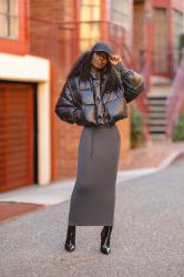 Puffer Jacket + Long Sleeve Maxi Dress