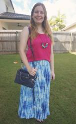 Pink Tanks, Blue Printed Maxi Skirts and Navy Crossbody Bag