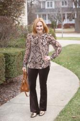 Holiday Chicness with a Snakeskin Top and Brown Velvet Pants