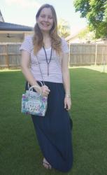 Striped Tops and Maxi Skirts With Floral Bag