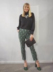 Christmas Outfit: Printed Velvet Trousers and Green Glitter Platforms