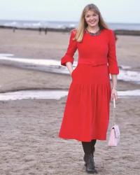 Christmas Outfit: Red Velvet Dress with Biker Boots