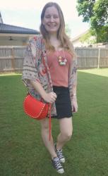 Red Tees and Red Bag Outfits With Denim Skirts And Sneakers