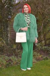 Green Shaggy Faux Fur Coat and Geometric Print Top + Style With a Smile Link Up