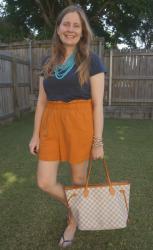 Kmart Orange Linen With Blue Tees, Statement Necklaces, and LV Neverfull Tote