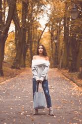 Gray sweater in leaves