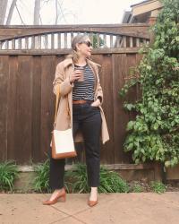 Camel Coat, Stripes, & Caramel Heels