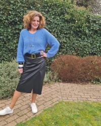 Leather skirt with jumper outfit.