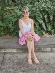 ALL WHITE OUTFIT WITH PINK STRIPE SHIRT FOR A HOT SUMMER DAY