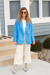 Baby Blue Tweed Blazer and Beige Culottes for the Spring Issue of KC Homes & Style.