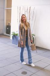 Transitional Style: Flared Jeans + Plaid Long Blazer