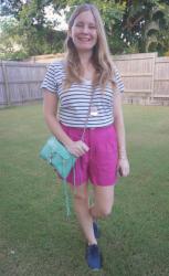 Striped Tees, Kmart Linen Shorts and Aqua Mini MAC Bag