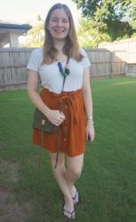 Orange and White Skirt and Tee Outfits With Olive Crossbody Bag
