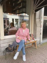 Red and white striped jacket with jeans