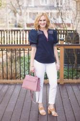 Positively Pretty in a Puff Sleeve Tee and Cropped White Pants