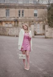 Long Sleeve Pink Satin Dress Outfit