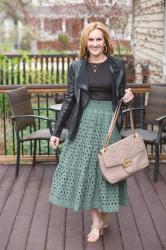 Staying Warm in Spring with a Leather Jacket and a Maxi Skirt