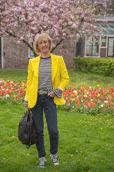 Yellow blazer with a striped top