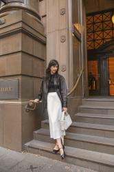OOTD: Wearing Quince leather shirt w/ white midi skirt