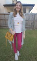 Cardigans, Converse and Colourful Jeans With Striped Tees And Yellow Bags