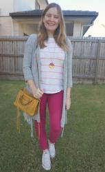 Cardigans, Converse and Colourful Jeans With Striped Tees And Yellow Bags