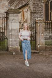 Denim Midi Skirt With Sneakers