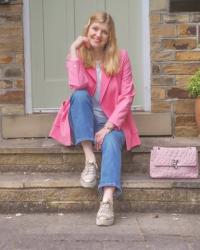Wearing Boden High Rise True Straight Jeans with Bright Pink Blazer