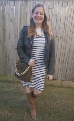 Navy Stripe Shift Dresses, Boots and Suede Maxi Edie Crossbody Bag | Weekday Wear Link Up
