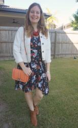 White Denim Jacket With Printed Dresses, Ankle Boots And Statement Necklaces