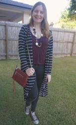Black Jeans and Burgundy Bag With Printed Layers