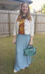 Band Tees and Maxi Skirts With Turquoise Balenciaga First Bag