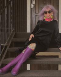 Bigass Weekend, Part 1: Friday Tilt! in Silk, Purple Boots and Crimped Hair, Plus Pink and Orange Brunch and Present From L
