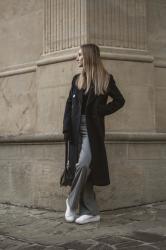 Wool coat, palozzo pants, atomy bag