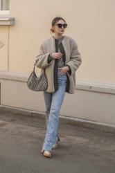 Teddy oversize coat&flare jeans