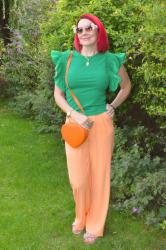Green Frill Sleeve Top and Orange Trousers + Style With a Smile Link Up