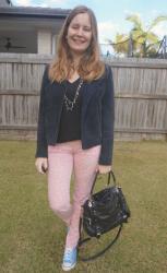 Black And Pink Outfits With Converse, Printed Jeans and Rebecca Minkoff Cupid Bag