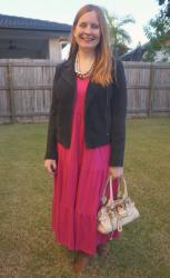 Pink Tiered Dresses With Navy Suede Moto Jacket