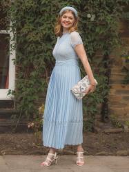 Wearing: An Ice Blue Pleated Dress (Wedding Guest Outfit).