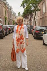 White monochrome outfit with a colourful scarf