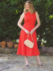 Wearing: Red Dress and Spotted Raffia Slingbacks