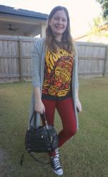 Black Tops, Red Jeans, and Cardigans