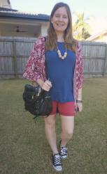 Red Denim With Blue Tees and Black Bags