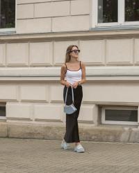 Satin skirt, denim shoes&blue bag