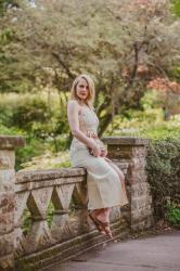 Cream Denim Midi Skirt With A Crochet Top